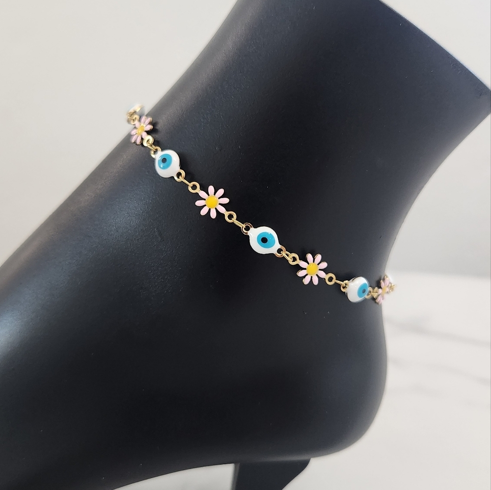 Stainless Steel Pink Blossom Evil Eye Gold Plated Floral Charm Anklet Bracelet